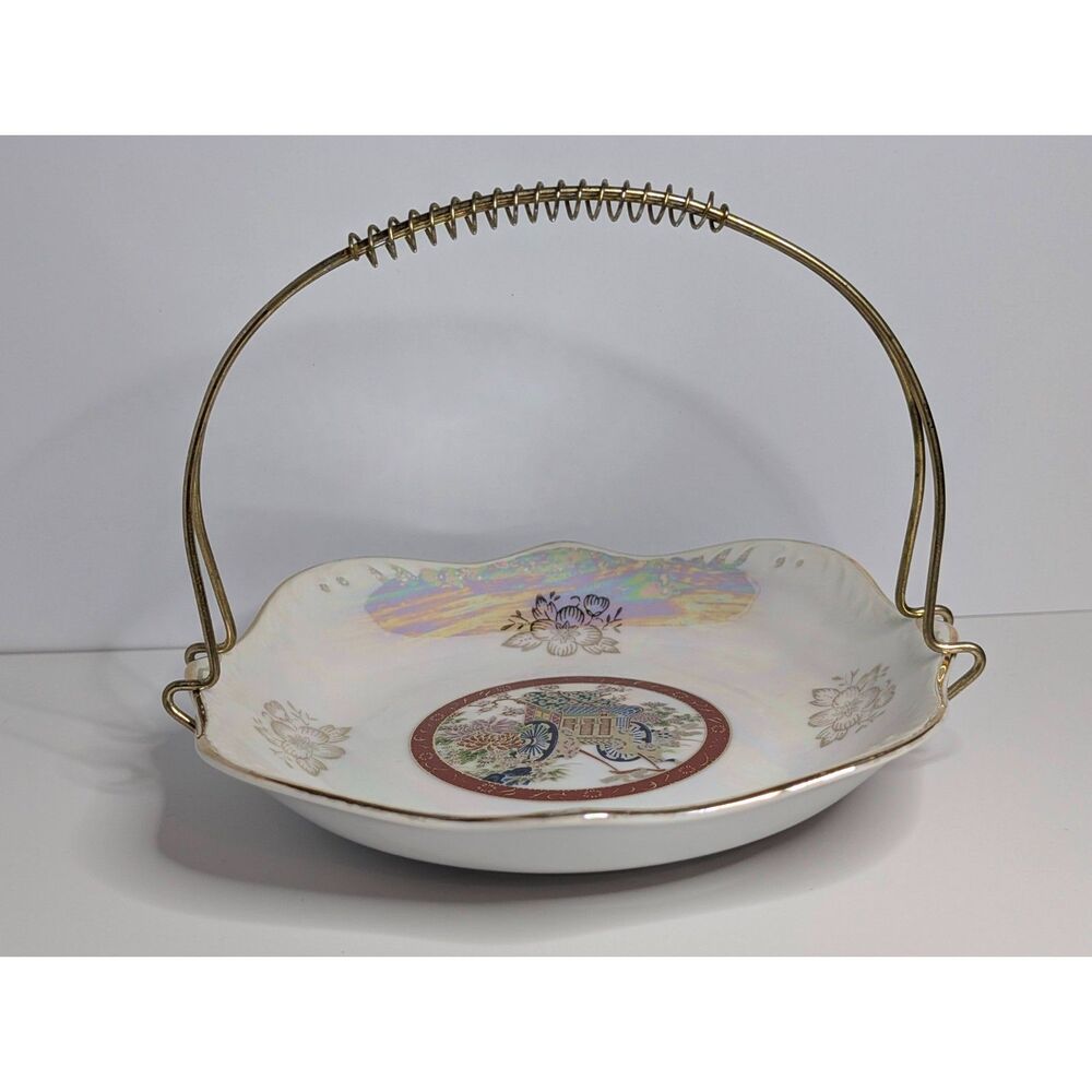 Vintage Japanese Lustreware Goshoguruma Flower Carriage Candy Dish Wire Handle